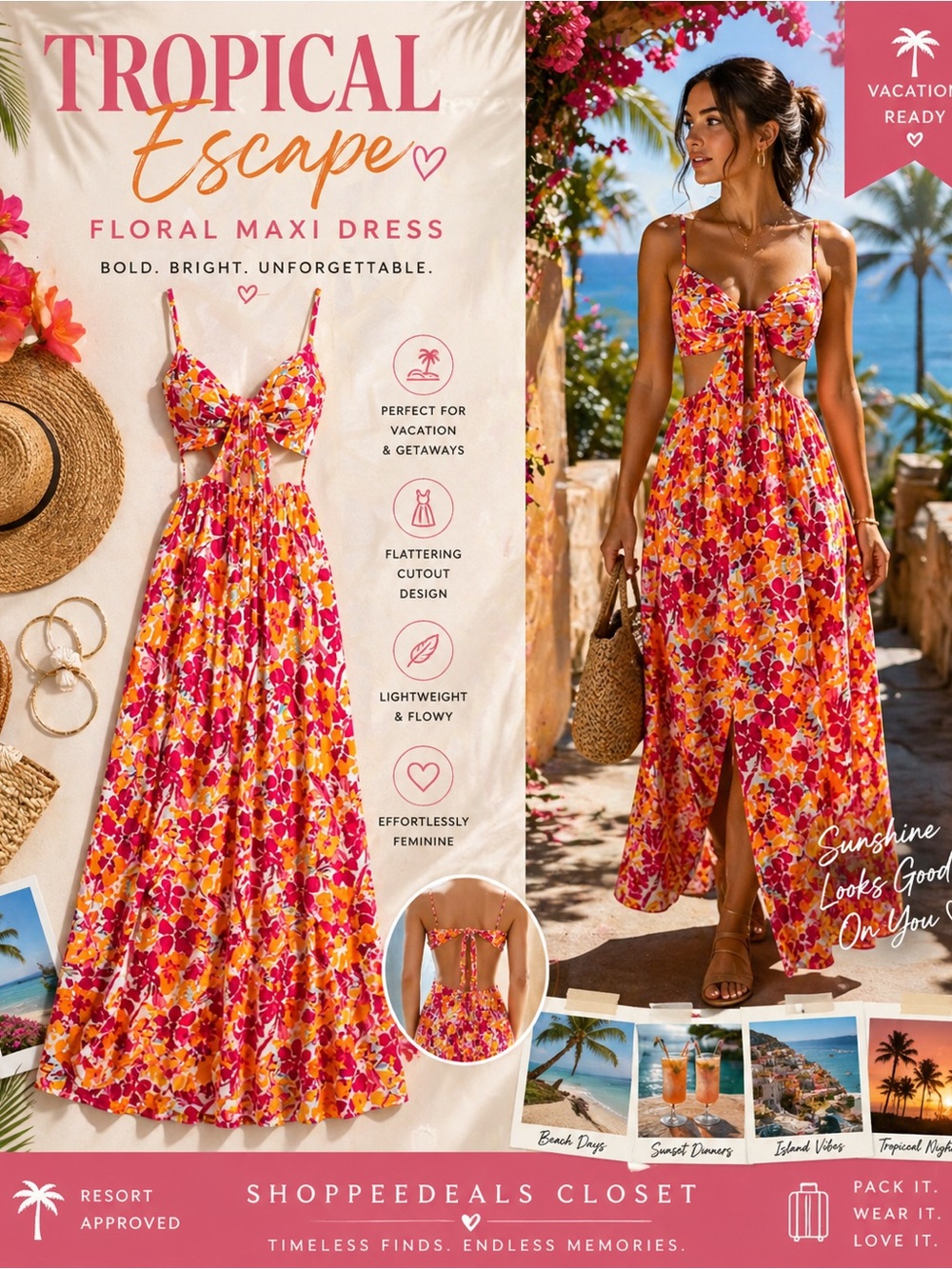 Floral Cutout Back Maxi Dress Pink Orange Summer Vacation Boho